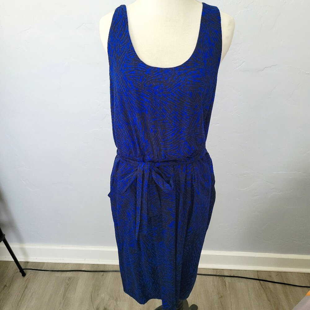 Dark Blue Dress with Black Accents, Side Pockets, Sash, Knee Length, Sz M